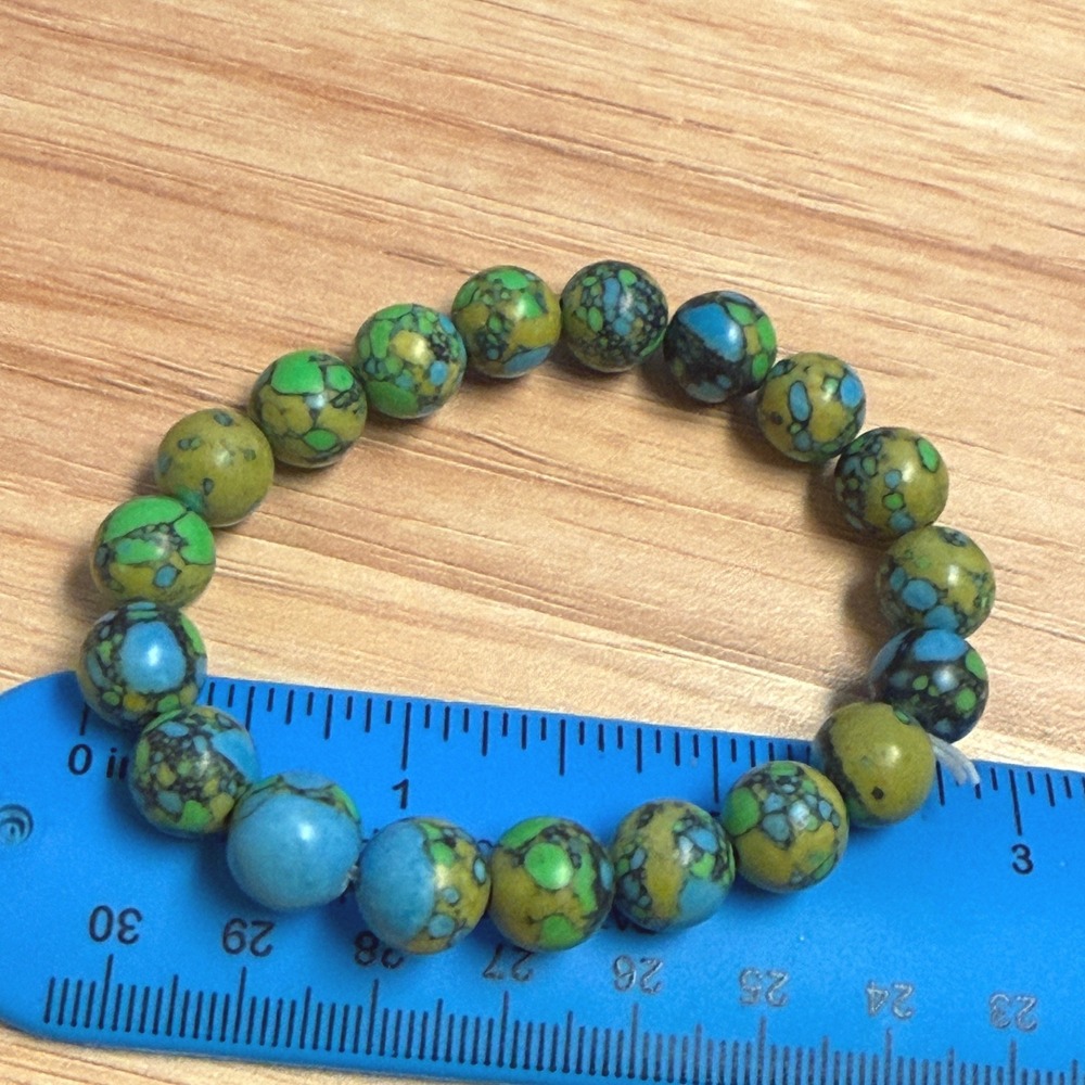 Green Blue Marbled Bead Stretch Bracelet Boho Mosaic Round Stone Unisex 10mm